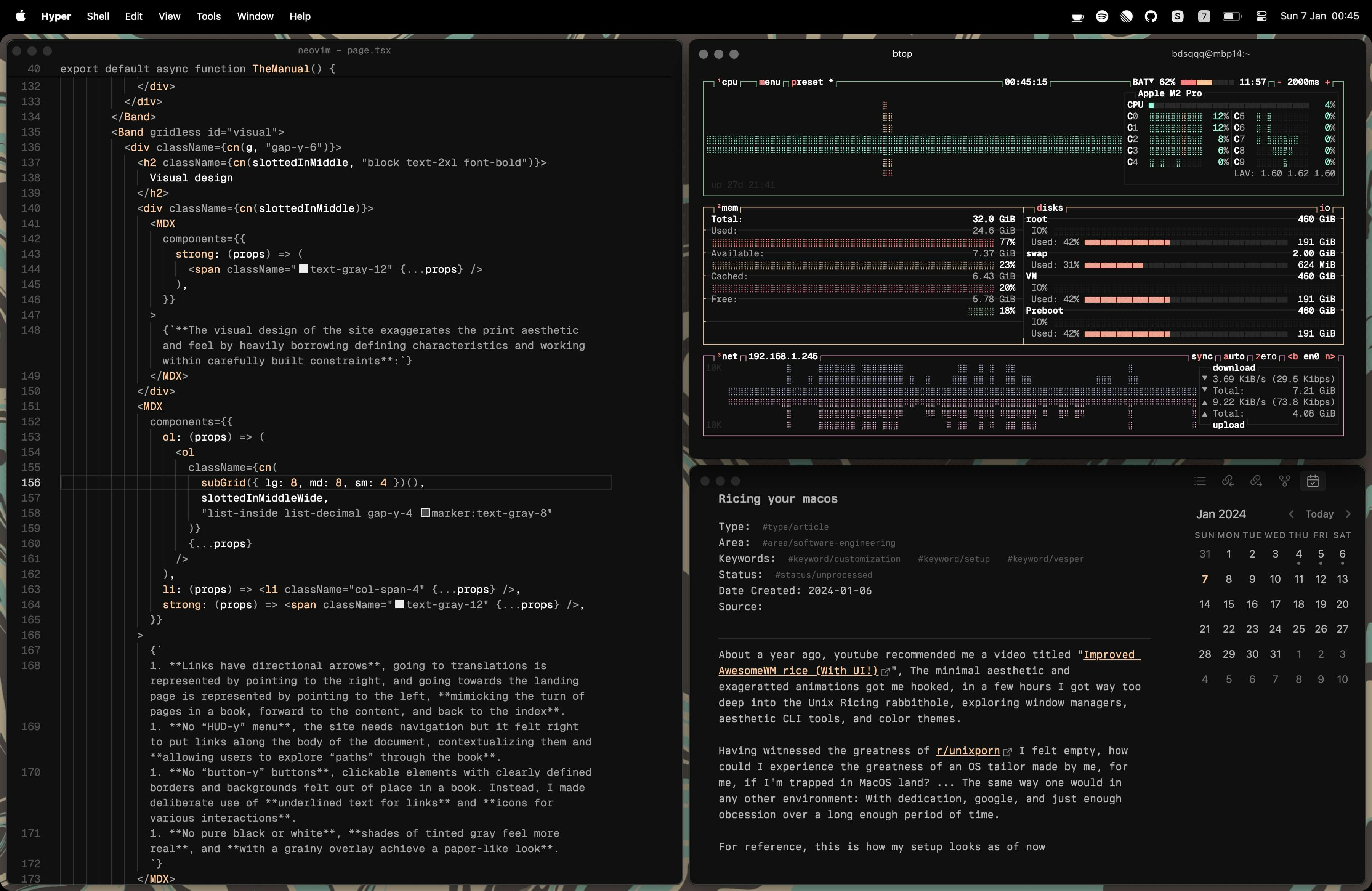 Screenshot of customized MacOS Desktop. The colors in VSCode, Obsidian, and the btop system monitor running in a terminal match the Vesper color palette